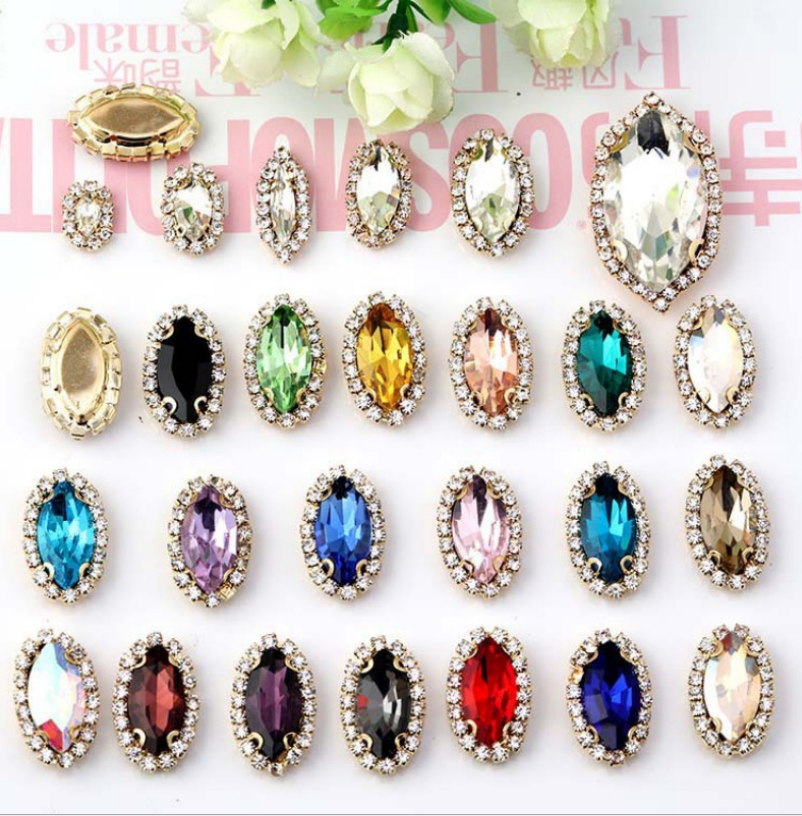 Sew On Oval Glass Crystal Rhinestones Button Flat Back Sew On Rhinestones Beads Gems In Silver Color Prong Setting 