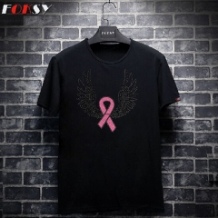Pink ribbon breast Cancer rhinestone transfer hotfix design with wings print on