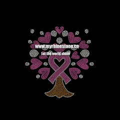 Hot Sale Hotfix Love Pink Ribbon Tree for Breast Cancer Rhinestone Transfer Iron on for Shirts