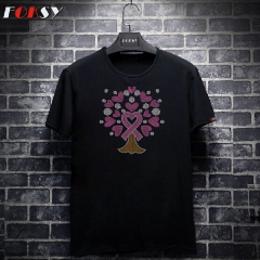 Hot Sale Hotfix Love Pink Ribbon Tree for Breast Cancer Rhinestone Transfer Iron on for Shirts