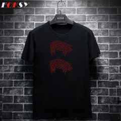 Custom Two Red Pigs Motif Hot Fix Rhinestone Heat Transfer Design Iron on T-shirt