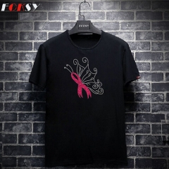 Butterfly Pink Ribbon Rhinestone Heat Transfer Hot Fix Motif Iron On design for T-shirt