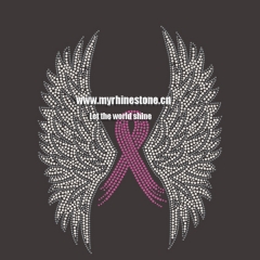 Breast Cancer Pink Ribbon Wings Custom Hot Fix Rhinestone Heat Transfers for T-shirt