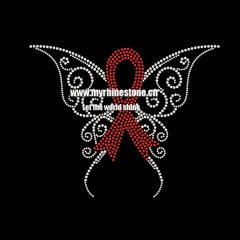 Hot Fix Red Ribbon Breast Cancer with Butterfly Pattern Rhinestone Transfer