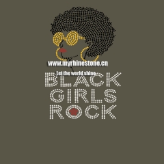 Custom New Afro Black Girls Rock Motif Hot Fix Rhinestone Heat Transfer Design Iron on Clothing
