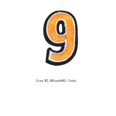 Custom 3D Orange Number 9 Embroidery patch with Black Iron on Backing