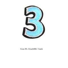 Custom 3D Light Blue Number 3 Embroidery patch with Black Iron on Backing