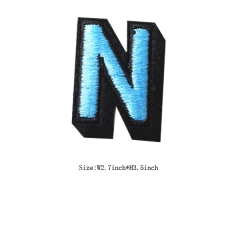 Custom 3D Sea Blue Letter N Embroidery patch with Black Iron on Backing