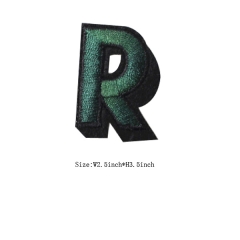 Custom 3D Emerald Letter R Embroidery patch with Black Iron on Backing